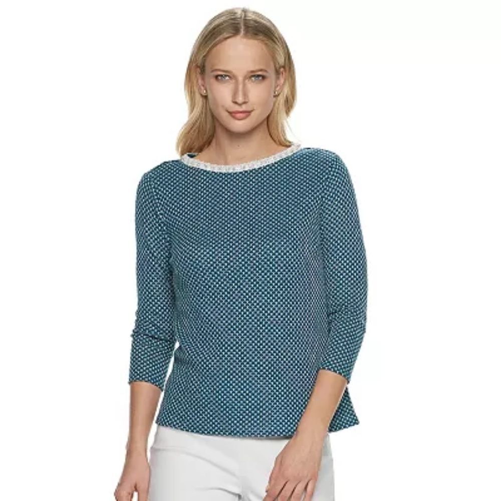 💜NWT Elle Teal & Metallic Silver Knit w/Faux Pearl Neckline Blouse Medium